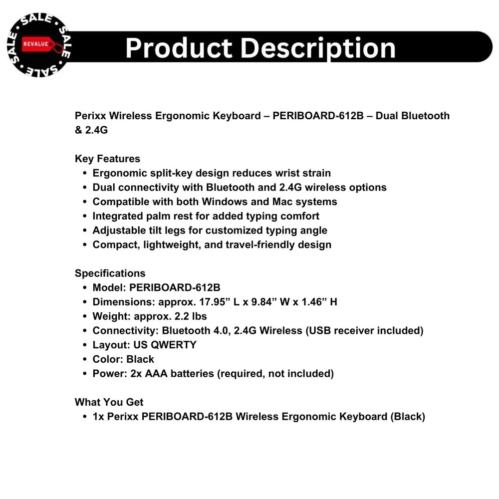 Perixx‎ Wireless Ergonomic Keyboard – PERIBOARD-612B – Dual Bluetooth & 2.4G